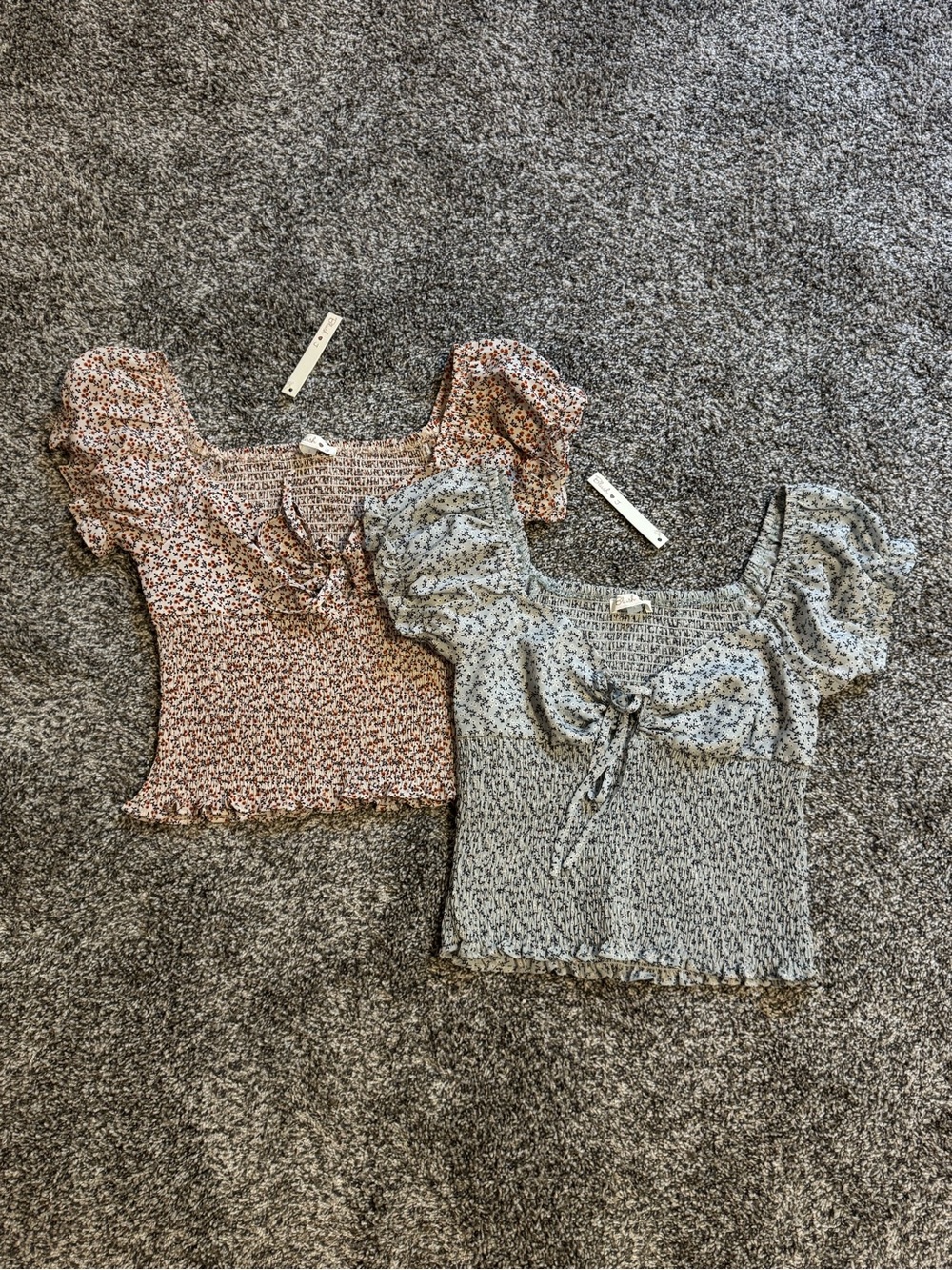 Floral Smocked Puff-Sleeve Tops Set of 2 - Pink & Light Blue